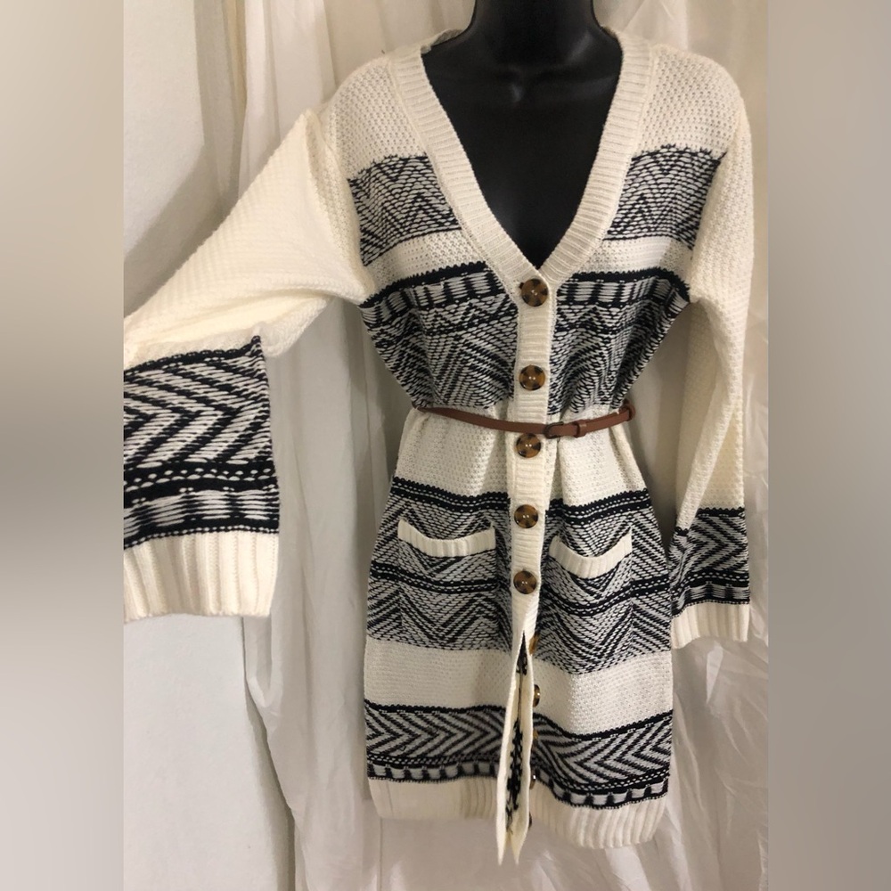 White textured knit southwestern boho look long cardigan style sweater dress